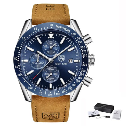 Relógios de luxo para homem BENYAR – Relógios de pulso de quartzo com bracelete em pele, resistentes à água até 30 m, estilo desportivo.