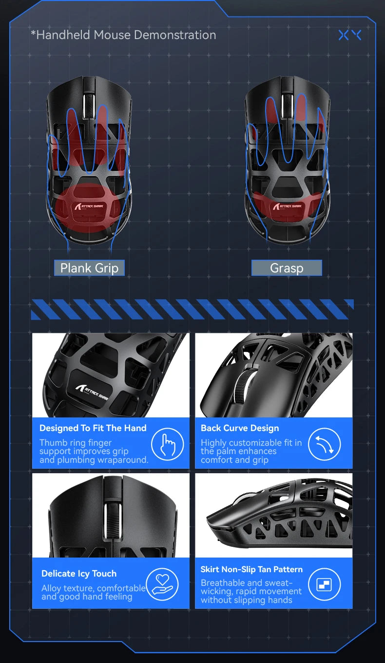 ATTACK SHARK R3 žaidimų pelė iš magnio lydinio su korio struktūra, itin lengva, 8K Hz, PAW3395 jutiklis, 26000 DPI, ergonomiškas korpusas