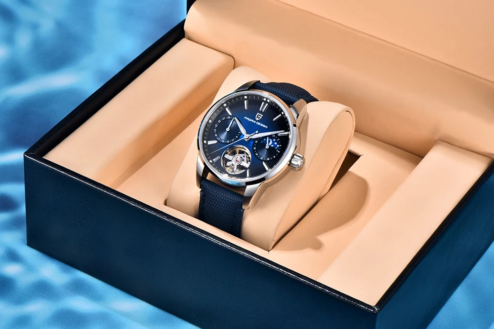 PAGANI DESIGN – Montre mécanique de luxe pour homme, 41 mm, verre saphir, bracelet en cuir, étanche, style pilote, avec tourbillon et phase de lune