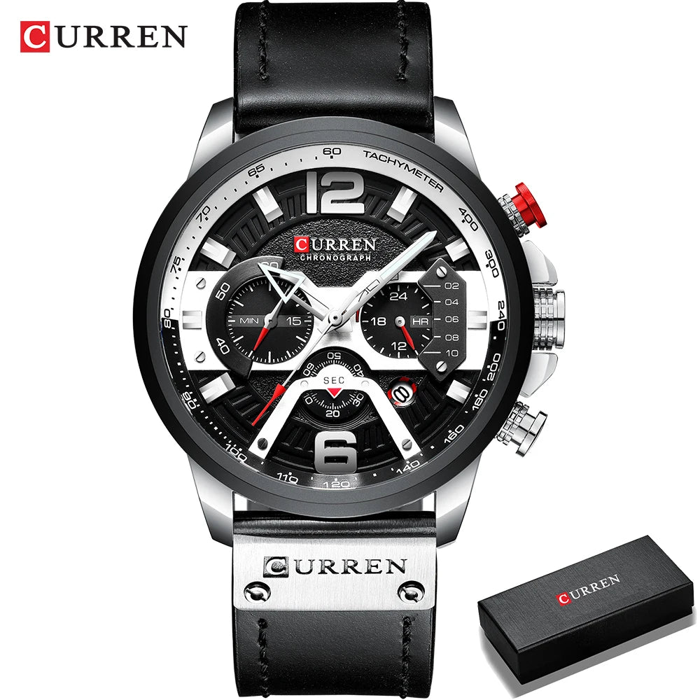 Relógio para homem CURREN 8329 – Estilo desportivo descontraído, design militar, bracelete em pele, cronógrafo na moda, relógio de luxo de grande marca