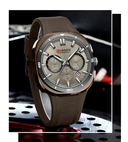 Relógio de homem CURREN – Novo modelo de luxo com movimento de quartzo, bracelete em silicone, estilo desportivo, multifunções, à prova de água, luminoso, com indicação da data e cronómetro.