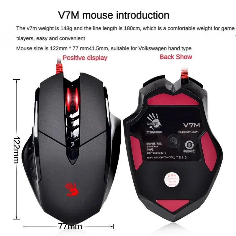 Жична мишка Bloody V7M с RGB, олекотен ергономичен дизайн, 4000dpi, за PC, офис, e-sports гейминг и макро програмиране, за CF LOL CS