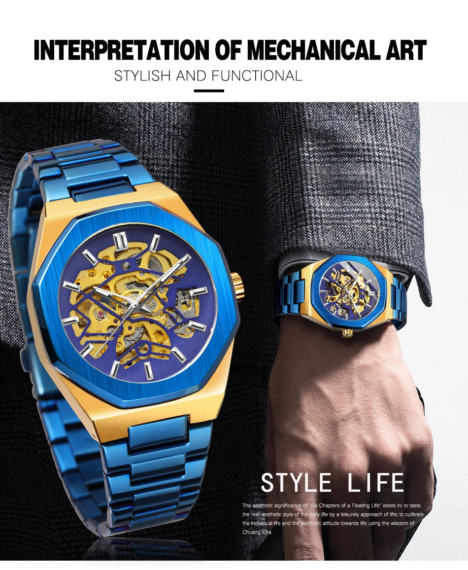 FORSINING 344D Top Brand Luxury Skeleton Automatic Mechanical Men's Watch Hollow Design Luminous Stainless Steel Strap Clock Men