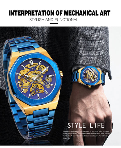 FORSINING 344D Top Brand Luxury Skeleton Automatic Mechanical Men's Watch Hollow Design Luminous Stainless Steel Strap Clock Men