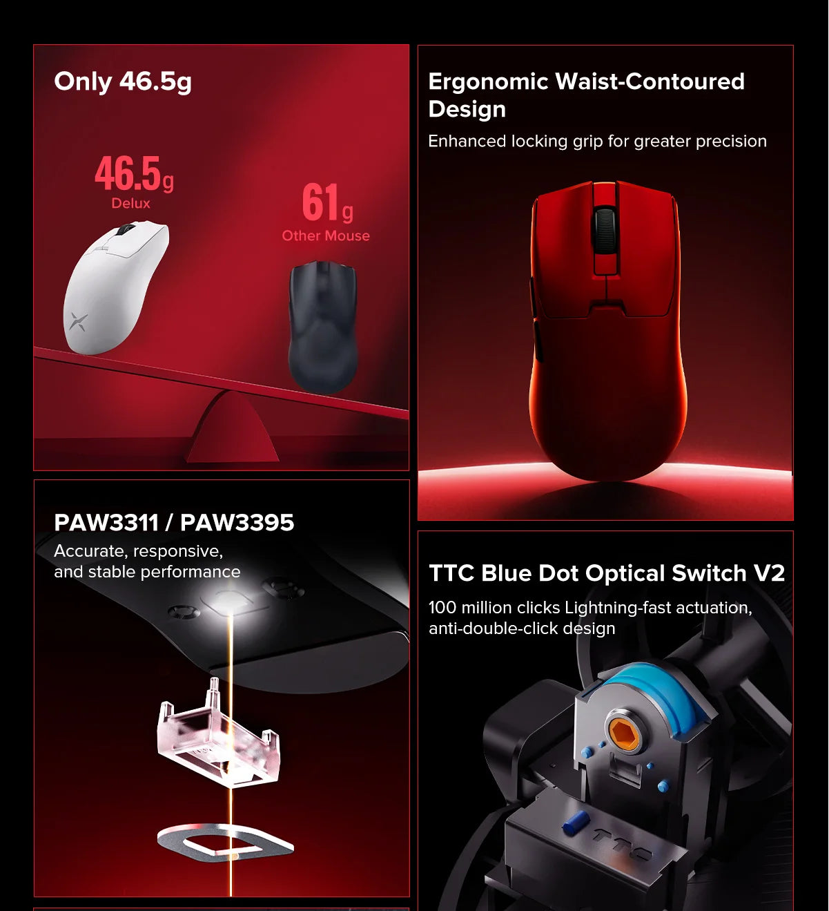 Delux M800mini vezeték nélküli gaming egér, 46g könnyű kivitel, PAW3395/PAW3311, 1KHz lekérdezési frekvencia kis és közepes kezű PC-játékosoknak