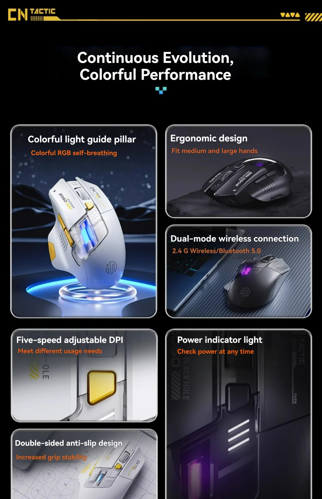 Inphic A9 Pro gamingmus med tre tilstande, farverig lysguide, strømindikator, justerbar DPI, makrodriver, ergonomisk, 12800DPI