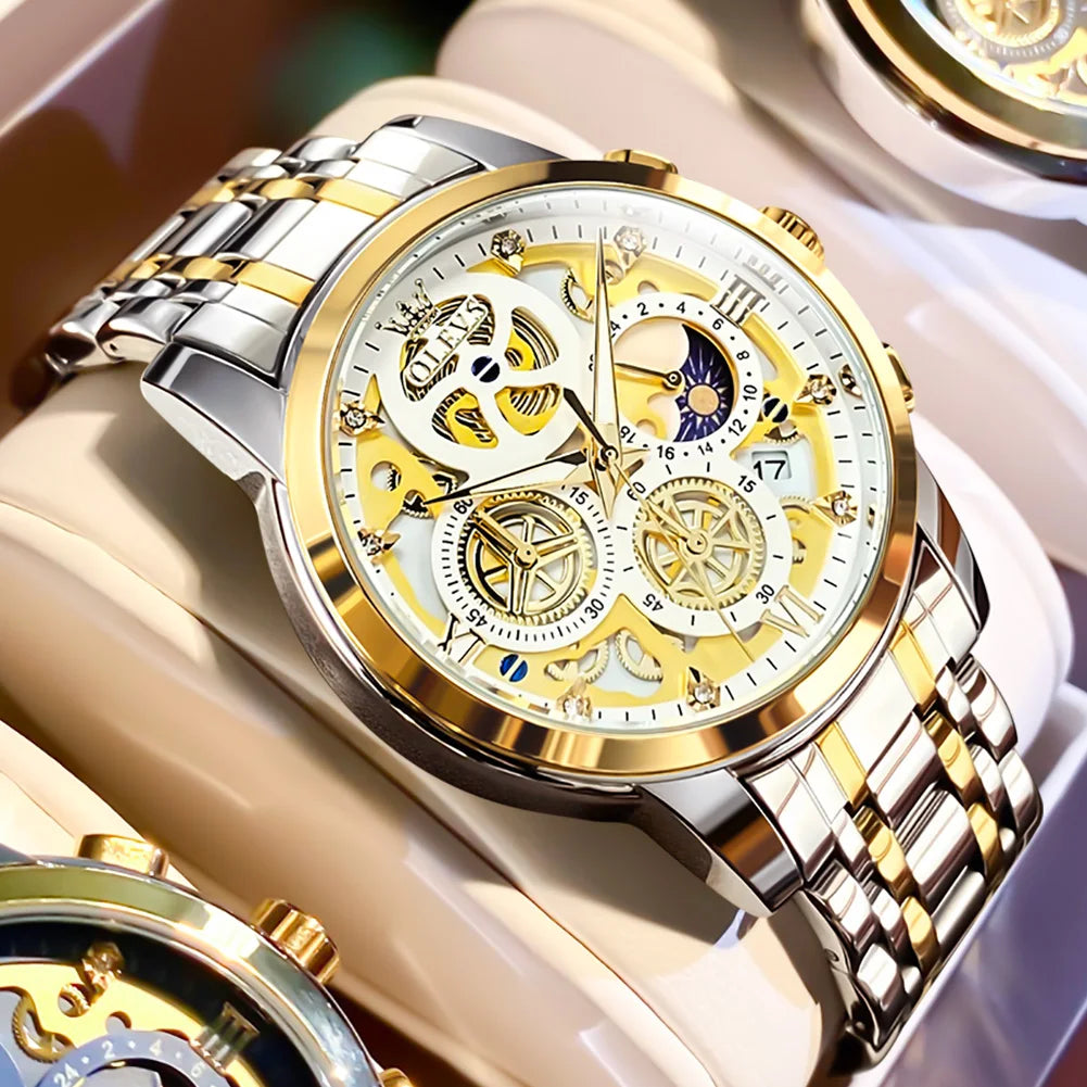 Montre pour homme OLEVS – Modèle de luxe, étanche, à quartz, style squelette, affichage 24 heures (jour/nuit), coloris doré