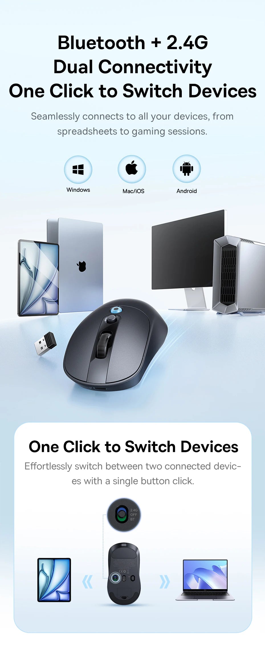【NOVINKA】Baseus EM2 ergonomická bezdrátová myš Bluetooth 5.3 2.4G nabíjení Type-C ultralehká tichá myš s přizpůsobitelným tlačítkem