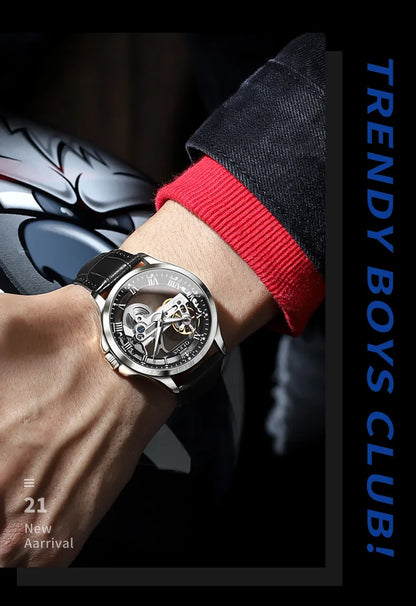 OLEVS Skeleton Automatic Mechanical Watch Men Leather Strap Luminous Waterproof Luxury Business Wristwatch For Man 6661