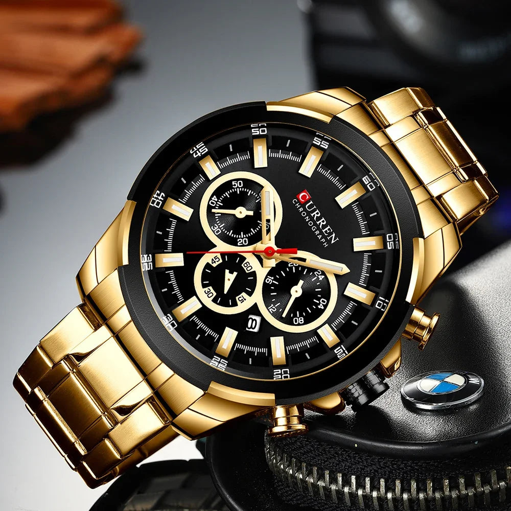Relógio cronógrafo para homem CURREN, mostrador grande de 48 mm, bracelete em aço inoxidável, três submostradores, relógio de pulso desportivo de quartzo, estilo luxuoso