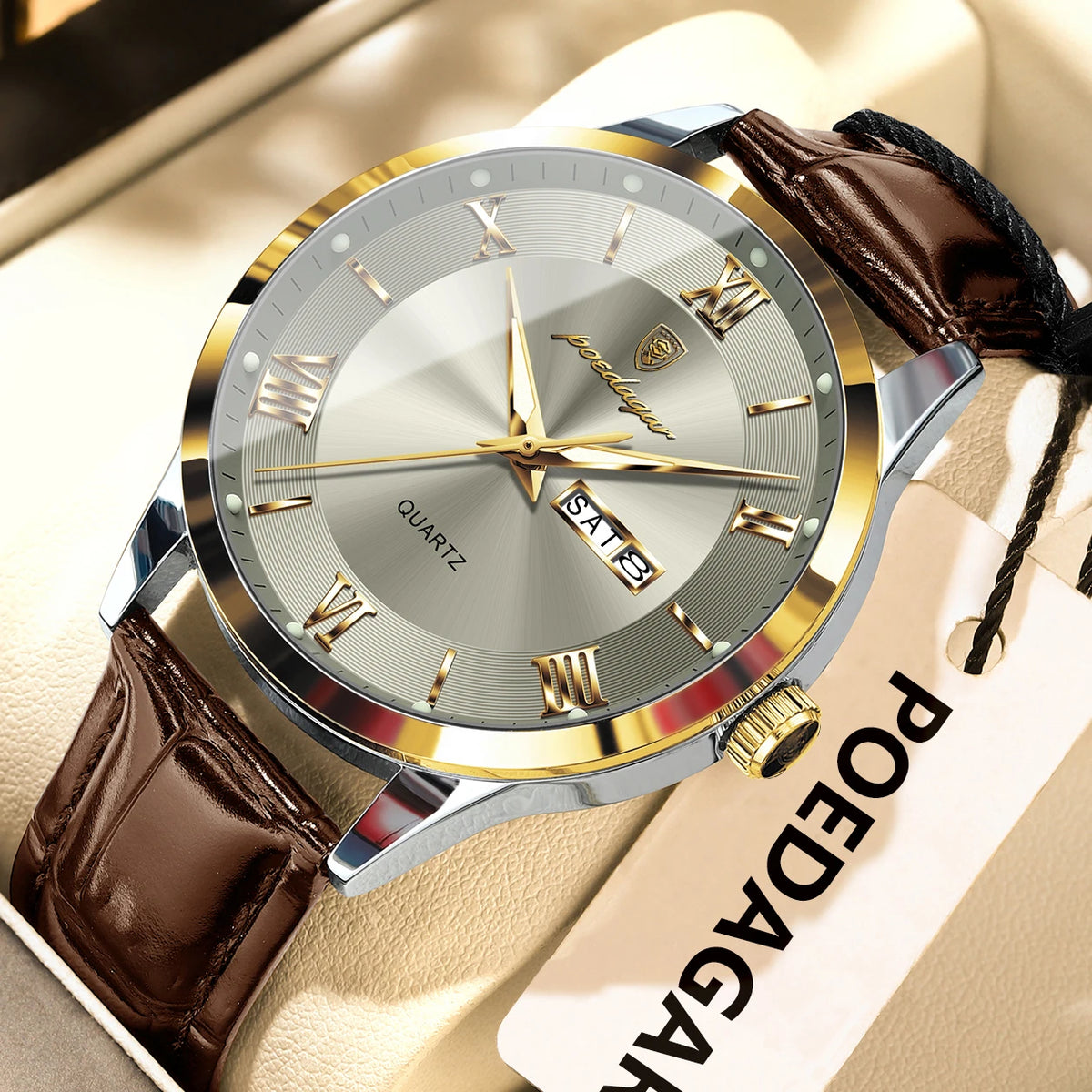 Trendy POEDAGAR men’s watch, leather strap, date and day display, luxury quartz watch, water-resistant, luminous, casual business style.