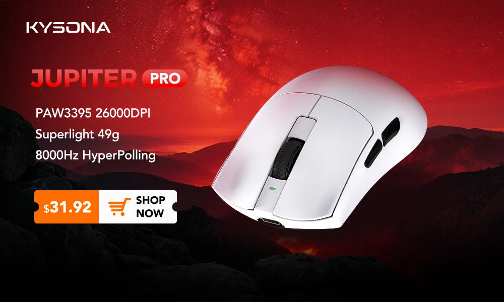 Геймърска мишка KYSONA Jupiter Series – жична/безжична мишка, 8Khz, сензор PAW3950, Bluetooth, 46g, презареждаема, уеб драйвер, за PC и лаптоп
