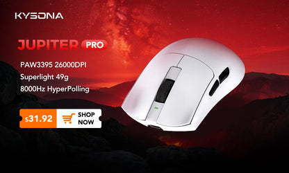 Геймърска мишка KYSONA Jupiter Series – жична/безжична мишка, 8Khz, сензор PAW3950, Bluetooth, 46g, презареждаема, уеб драйвер, за PC и лаптоп