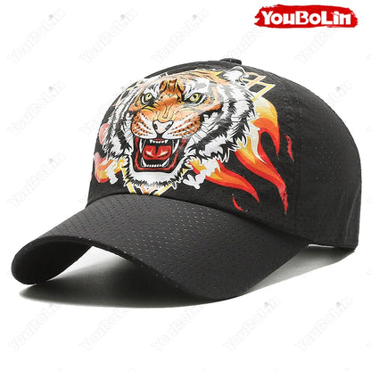 Outdoor Tiger Face Baseball Cap, Summer Quick-Dry Fabric, Mesh & Perforated Design, Ethnic Print Sun Protection Hat