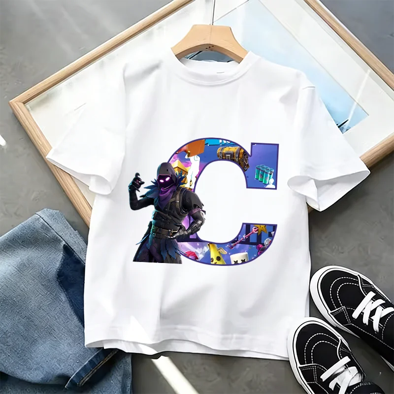 Tricou Fortnite cu imprimeu alfabet A-Z, de vară, pentru copii, alb, îmbrăcăminte cu joc cartoon popular, tricou fashion casual cu mânecă scurtă, cadou