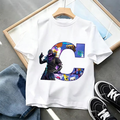 Tricou Fortnite cu imprimeu alfabet A-Z, de vară, pentru copii, alb, îmbrăcăminte cu joc cartoon popular, tricou fashion casual cu mânecă scurtă, cadou