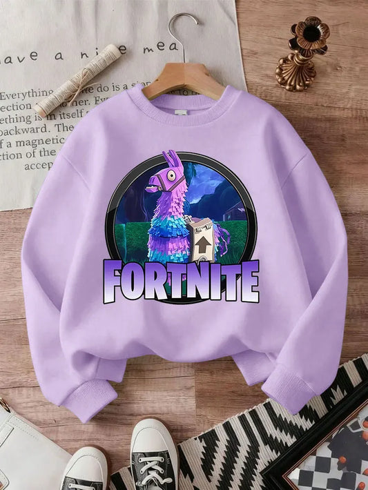 Sweat-shirts Fortnite novos para criança, hoodie com estampado de personagens de jogo em estilo cartoon, tops casuais de outono para criança, roupa de inverno para bebé menino
