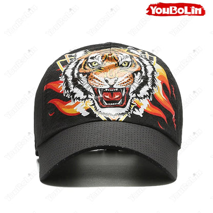 Outdoor Tiger Face Baseball Cap, Summer Quick-Dry Fabric, Mesh & Perforated Design, Ethnic Print Sun Protection Hat