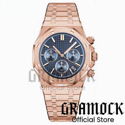 Gramock VK63 Fashionable Men's Quartz Chronograph Luxury Sapphire Stainless Steel Rose Gold Index Dial Waterproof 5Bar Luminous