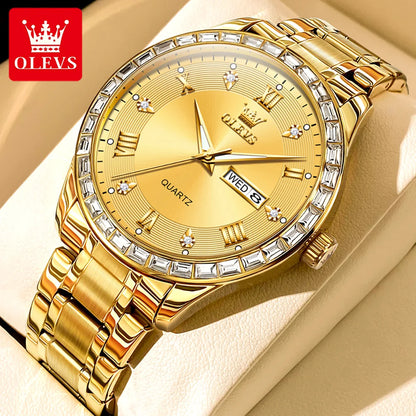 Montre à quartz pour homme OLEVS 9906, modèle carré orné de diamants, bracelet en acier inoxydable, étanche, avec double calendrier; une montre-bracelet de luxe, originale, idéale pour le milieu professionnel.