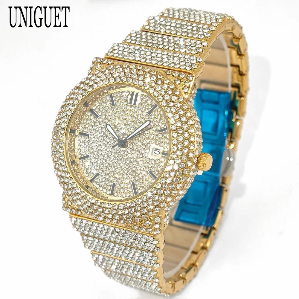 2025 UNIGUET Men's Fashion Iced Watches Luxury Hip Hop Full Diamond Jewelry Quartz Waterproof Business Wrist Watch for Men New