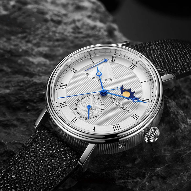 Seagull Men's Business Wristwatch Moon Phase Leather Luxury Automatic Mechanical Men's Watches 50M Waterproof Relogio 6092