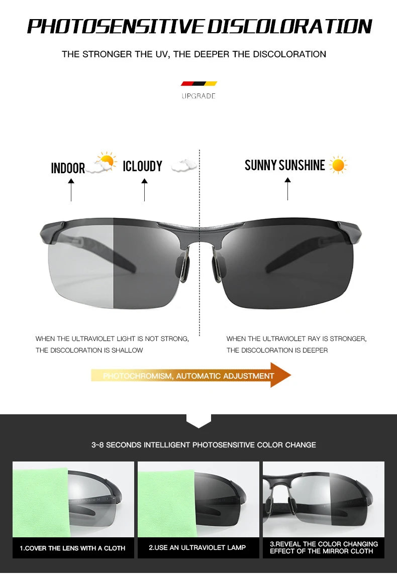 CLLOIO Aluminum Rimless Photochromic Sunglasses Men Polarized Driving Chameleon Anti-Glare Glasses Travel Fishing Goggle UV400