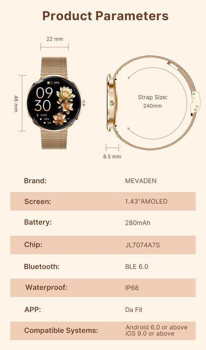 MEVADEN 8.5mm Ultra-thin Luxury Stainless Steel Smart Watch Women 1.43" AMOLED HD Screen Health Monitor Sport Smartwatch H33