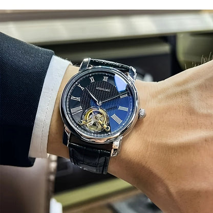 Men’s automatic mechanical watch – Elegant skeletonised design, trendy ‘business casual’ style, alloy case and leather strap, battery-free