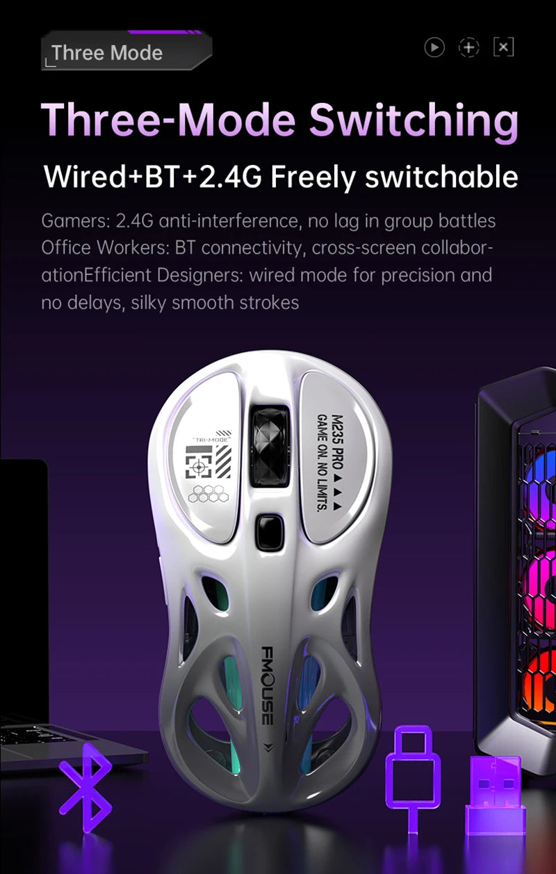 Bezprzewodowa mysz gamingowa 2.4G Tri-Mode RGB, lekka konstrukcja hollow z podświetleniem Chroma, przewodowa/Bluetooth, kontroler myszy e-sportowej
