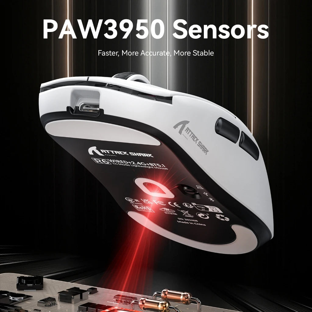Attack Shark R6 žaidimų pelė, 38g itin lengva, belaidė su PAW3950 8K apklausos dažniu, Nordic 52840, 24000DPI, trijų režimų