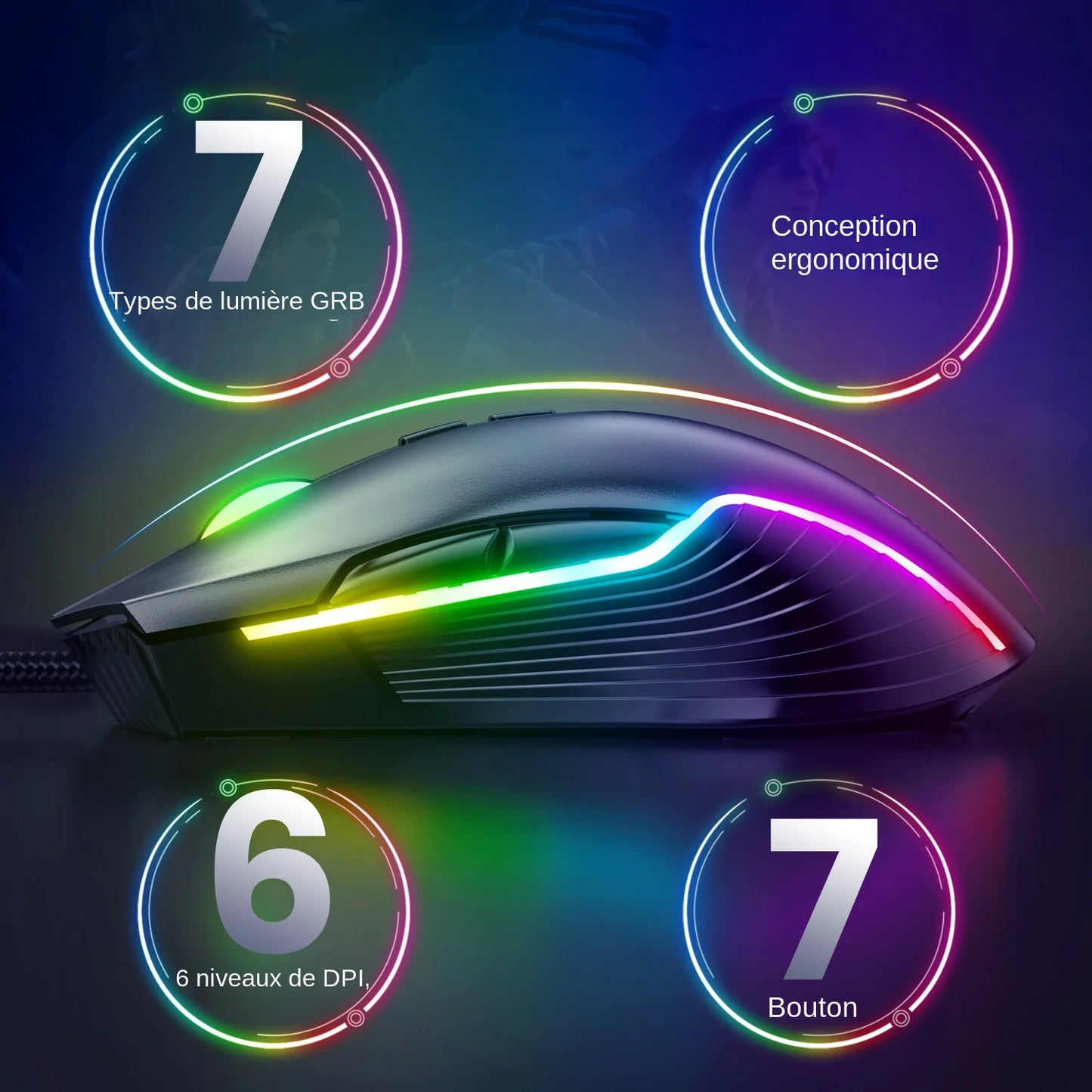 ONIKUMA langallinen pelihiiri, 6 säädettävää tasoa, 6400 DPI, 7 ohjelmoitavaa painiketta, 7 RGB-valaistustilaa, ergonominen hiiri PC-pelaajalle
