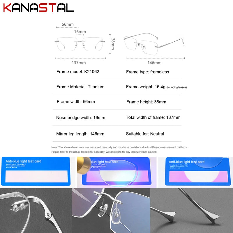 Men Pure Titanium Eyeglasses Frame Women Ultralight Rimless Glasses Blue Light Blocking Lens Prescription Myopia Reading Eyewear