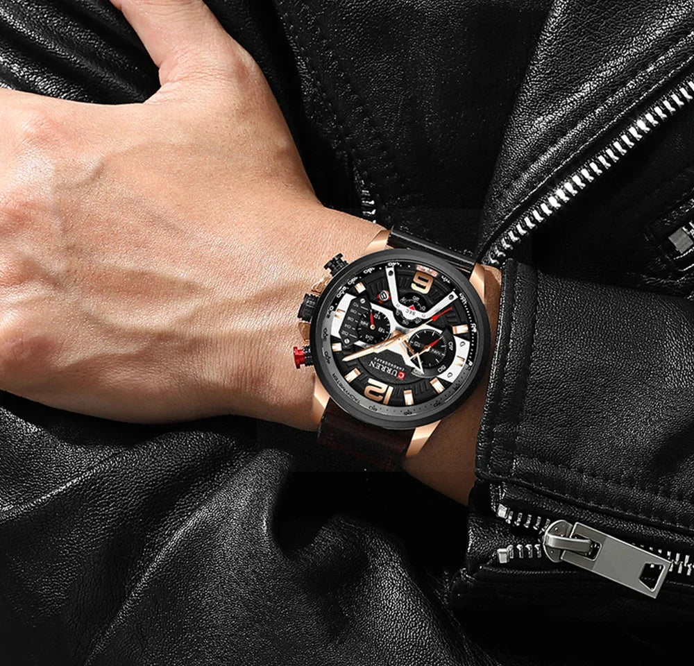 Relógio para homem CURREN 8329 – Estilo desportivo descontraído, design militar, bracelete em pele, cronógrafo na moda, relógio de luxo de grande marca