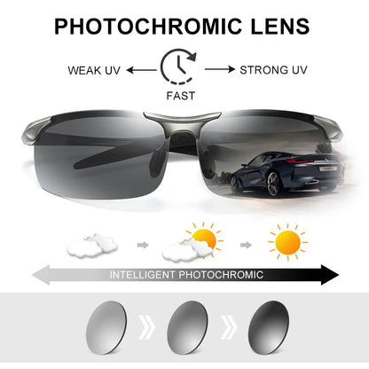 CLLOIO Aluminum Rimless Photochromic Sunglasses Men Polarized Driving Chameleon Anti-Glare Glasses Travel Fishing Goggle UV400