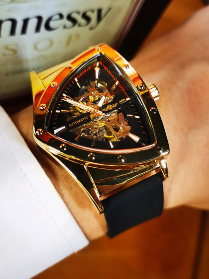 Relógio automático para homem WINNER, design esqueleto triangular, ponteiros luminescentes, bracelete em borracha, estilo militar, relógio mecânico de luxo