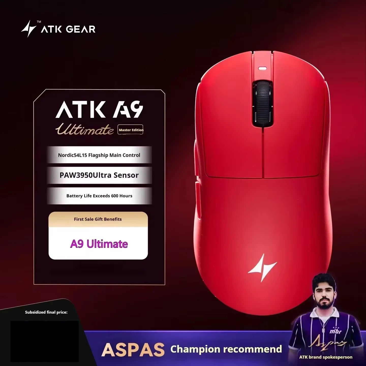 Bezdrátová herní myš ATK A9 s technologií NearLink, ergonomická, PAW3395, třírežimové Bluetooth, nízká latence, e-sportovní myš pro PC