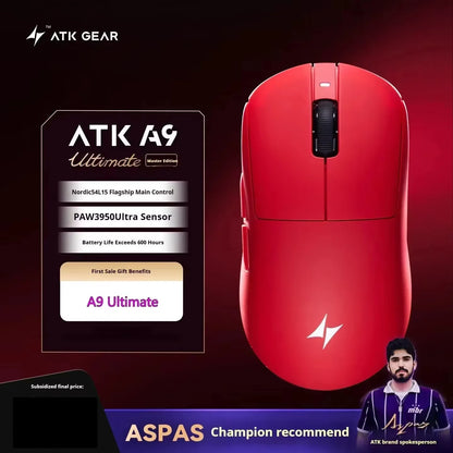 Bezdrátová herní myš ATK A9 s technologií NearLink, ergonomická, PAW3395, třírežimové Bluetooth, nízká latence, e-sportovní myš pro PC