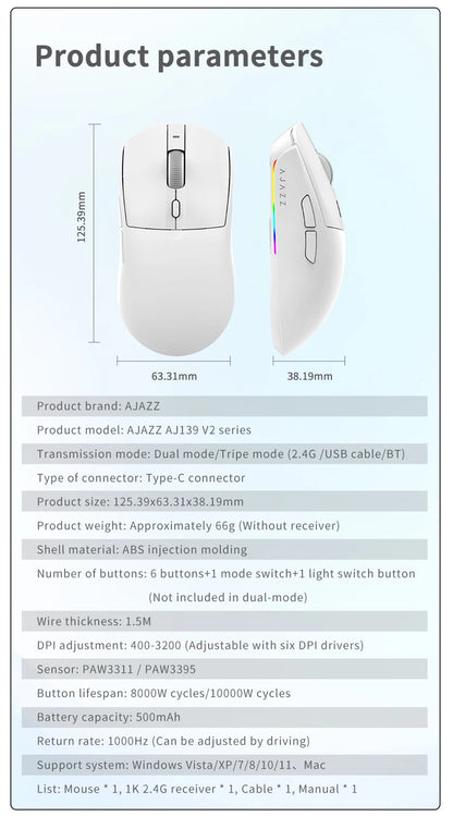 AJAZZ AJ139Pro/AJ139V2MC trådløs mus PMW3395/PAW3311-chipsæt 12000-26000Dpi professionel gamingmus