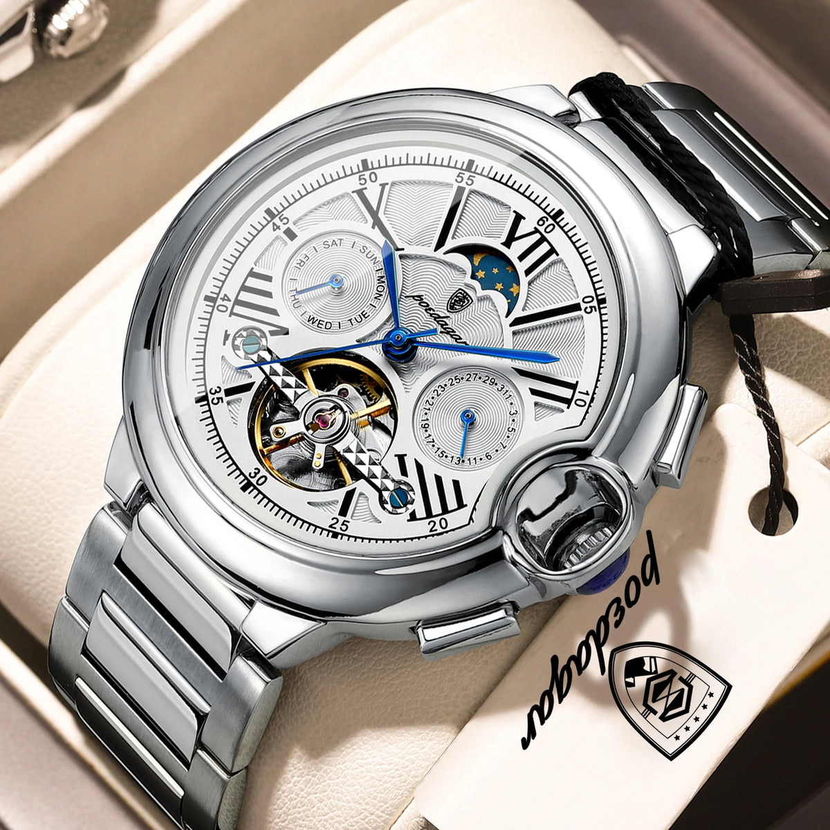 Relógio de luxo para homem POEDAGAR – Modelo mecânico automático com indicação da data e do dia, bracelete em pele, turbilhão, resistente à água, estilo elegante e profissional.