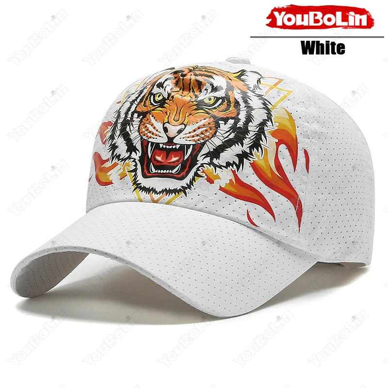 Outdoor Tiger Face Baseball Cap, Summer Quick-Dry Fabric, Mesh & Perforated Design, Ethnic Print Sun Protection Hat