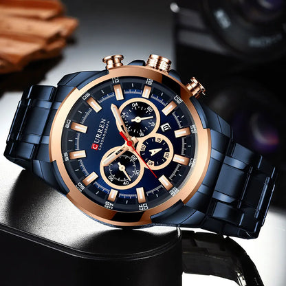 Relógio cronógrafo para homem CURREN, mostrador grande de 48 mm, bracelete em aço inoxidável, três submostradores, relógio de pulso desportivo de quartzo, estilo luxuoso