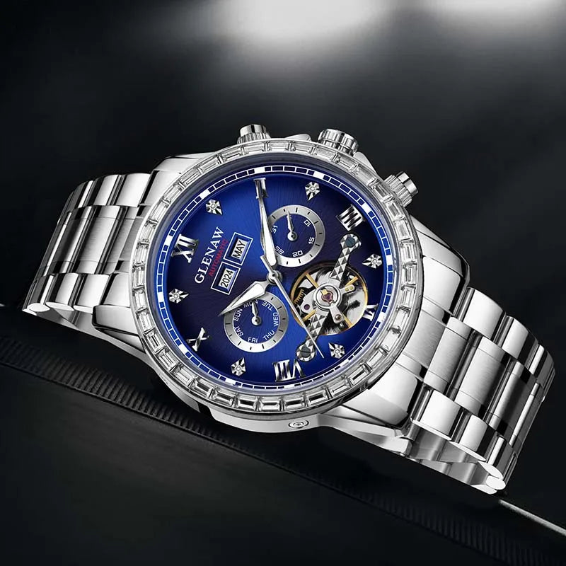 Relógio mecânico multifunções GLENAW – Modelo para homem, estilo empresarial e casual, bracelete em aço inoxidável, estanque, com calendário – Relógio de luxo