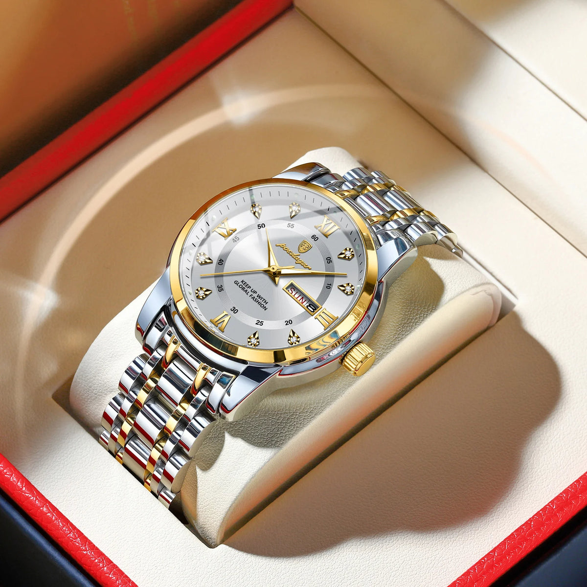 Trendy, luxury POEDAGAR men’s wristwatch, water-resistant, made of stainless steel, with luminous hands, date display and quartz movement.