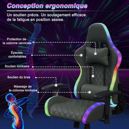 Rosahqnda Gaming Chair with Massage Function, Adjustable Office Chair, Gamer Chair with LED,Lumbar Cushion, Pillow,150 KG