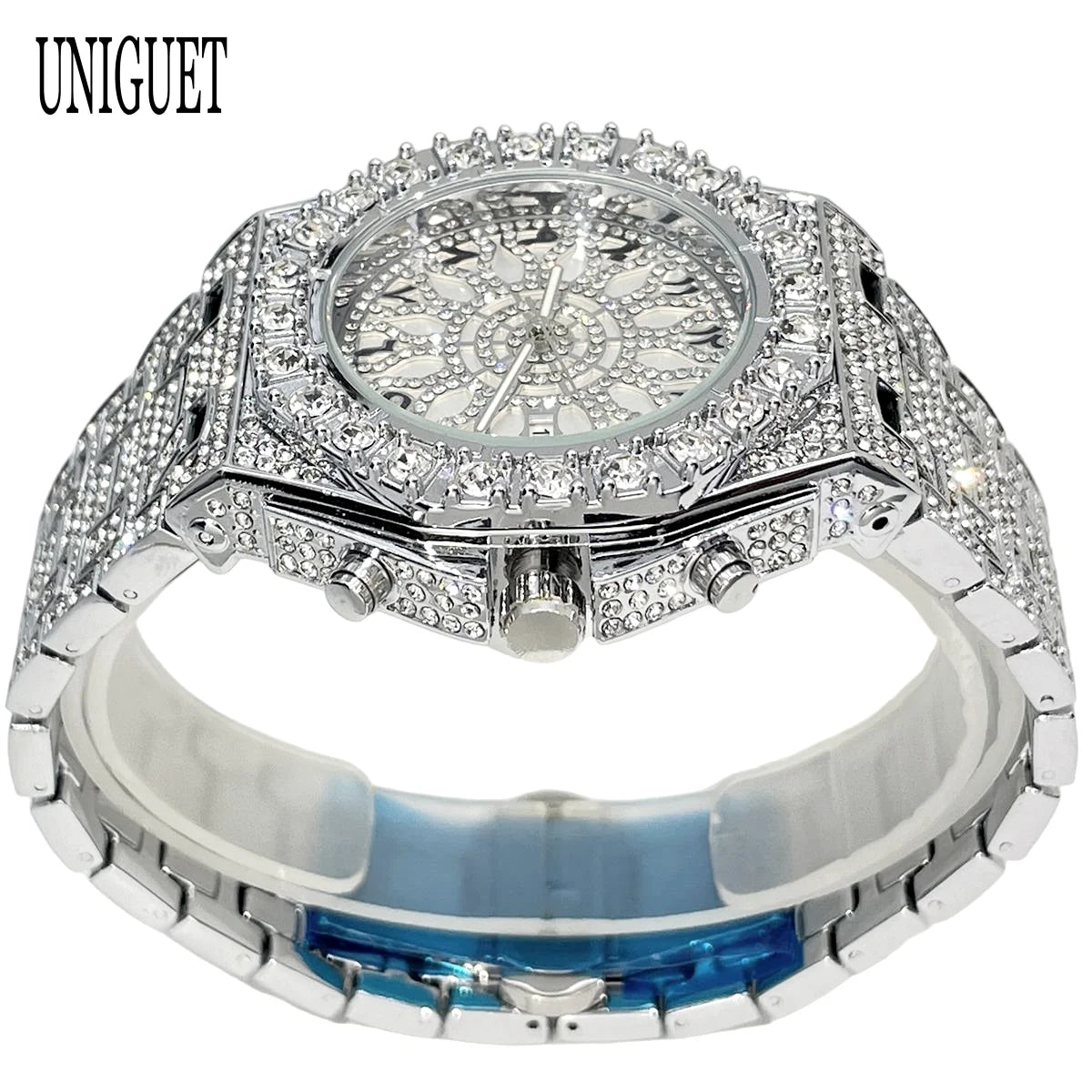 UNIGUET Hip Hop Wristwatch For Men Luxury lce Out Full Diamond Watches Fashion Green Watch Waterproof Clock Man 2026 Hot Sale