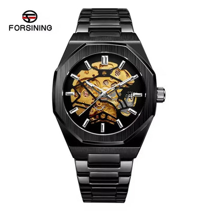 FORSINING 344D Top Brand Luxury Skeleton Automatic Mechanical Men's Watch Hollow Design Luminous Stainless Steel Strap Clock Men