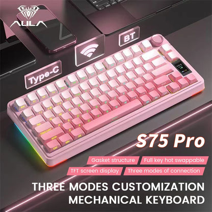 AULA S75 PRO Wireless Mechanical Keyboard with Screen Knob 75% Hot Swappable Gaming Keyboard with Pre-lubed Switches RGB Backlit