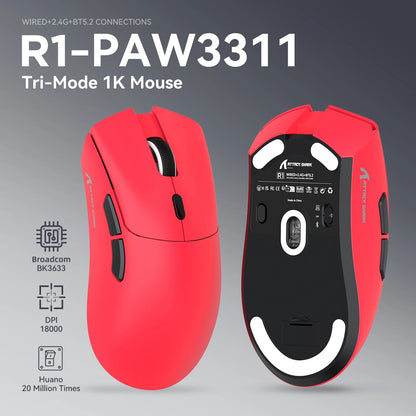 ATTACK SHARK R1 tri-mode gamingmus, PixArt PAW3311-sensor, 18000 DPI, 1000hz, 59g ultralet til store hænder, til PC/Mac