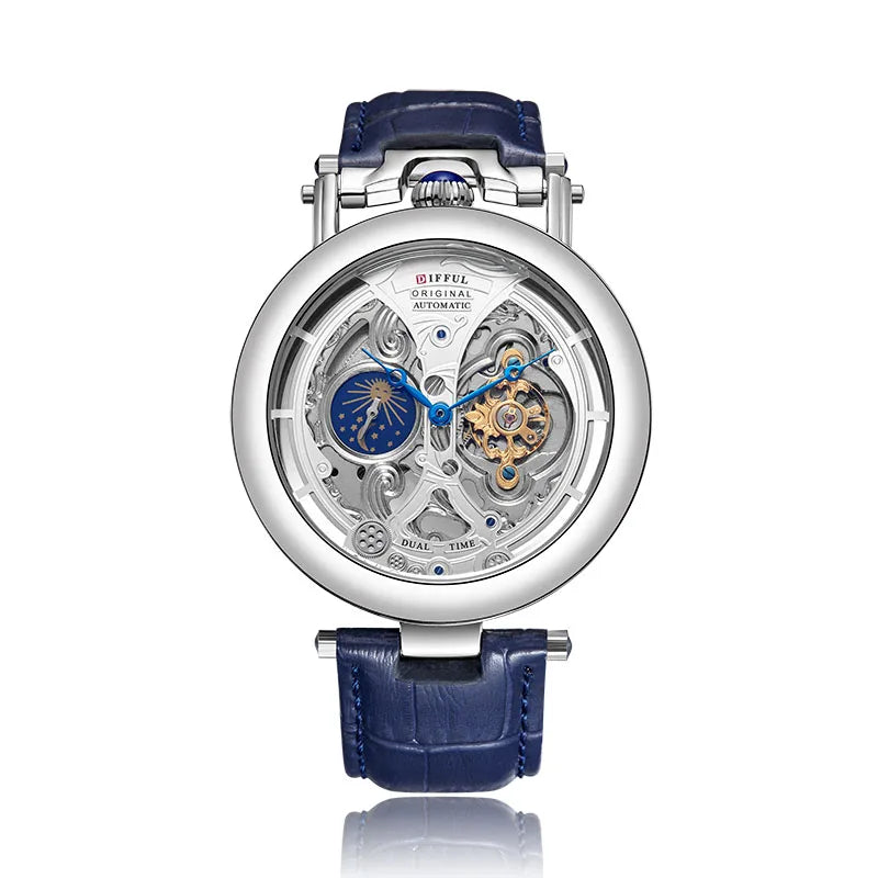 DIFFUL Luxury Big Skeleton Dial Moon Phases Tourbillon Hollowed Mechanical Men Wristwatch Watch With Leather Band
